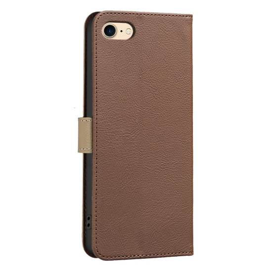For iPhone 6 / 7 / 8 Splicing Color Hollow Flower Pattern RFID Leather Phone Case(Brown)