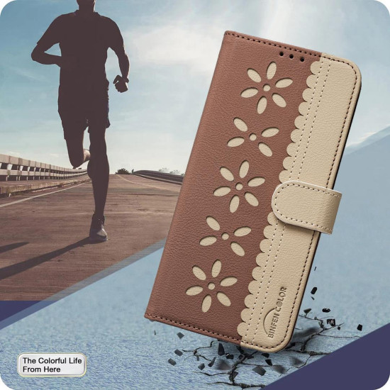 For iPhone 6 / 7 / 8 Splicing Color Hollow Flower Pattern RFID Leather Phone Case(Brown)