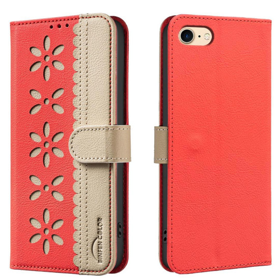 For iPhone 6 / 7 / 8 Splicing Color Hollow Flower Pattern RFID Leather Phone Case(Red)