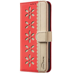 For iPhone 6 / 7 / 8 Splicing Color Hollow Flower Pattern RFID Leather Phone Case(Red)
