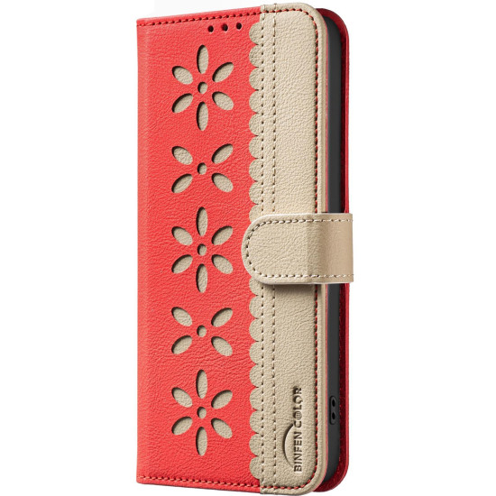 For iPhone 6 / 7 / 8 Splicing Color Hollow Flower Pattern RFID Leather Phone Case(Red)