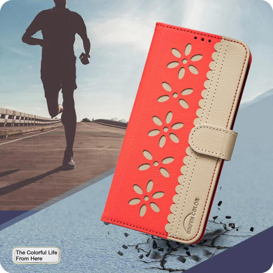 For iPhone 6 / 7 / 8 Splicing Color Hollow Flower Pattern RFID Leather Phone Case(Red)