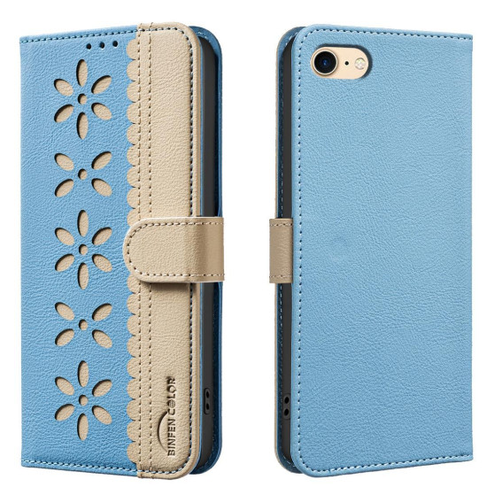 For iPhone 6 / 7 / 8 Splicing Color Hollow Flower Pattern RFID Leather Phone Case(Baby Blue)