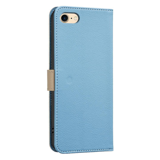 For iPhone 6 / 7 / 8 Splicing Color Hollow Flower Pattern RFID Leather Phone Case(Baby Blue)