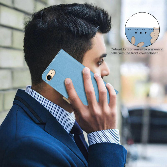 For iPhone 6 / 7 / 8 Splicing Color Hollow Flower Pattern RFID Leather Phone Case(Baby Blue)