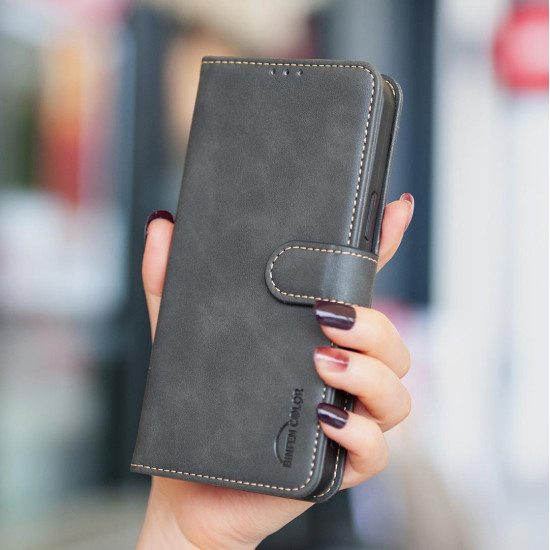 For iPhone 6 / 7 / 8 Solid Color Calfskin Texture RFID Vegan Leather Phone Case(Black)