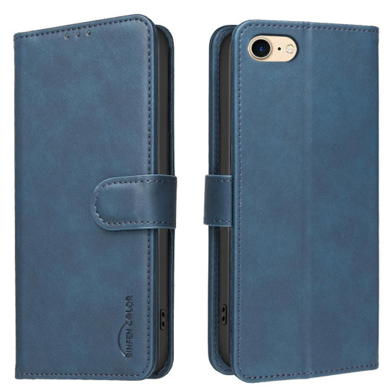 For iPhone 6 / 7 / 8 Solid Color Calfskin Texture RFID Vegan Leather Phone Case(Blue)