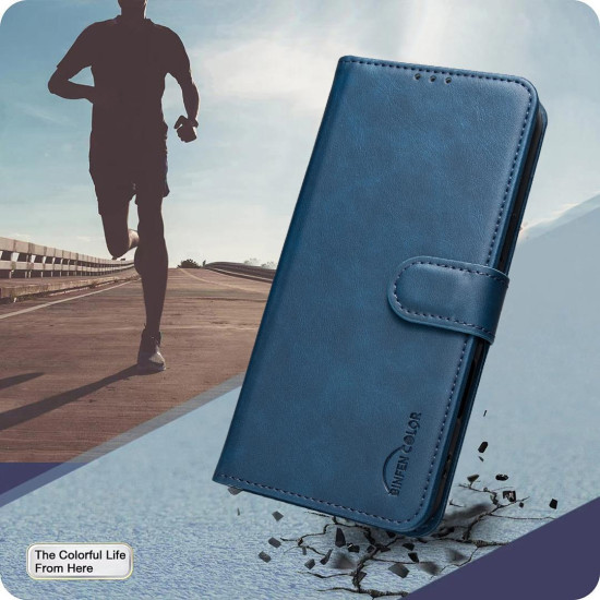 For iPhone 6 / 7 / 8 Solid Color Calfskin Texture RFID Vegan Leather Phone Case(Blue)
