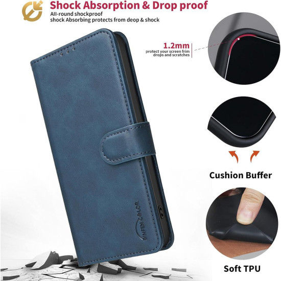 For iPhone 6 / 7 / 8 Solid Color Calfskin Texture RFID Vegan Leather Phone Case(Blue)