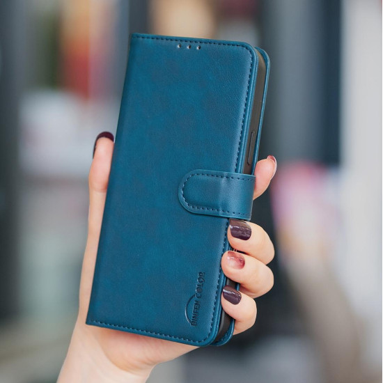 For iPhone 6 / 7 / 8 Solid Color Calfskin Texture RFID Vegan Leather Phone Case(Blue)