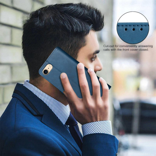 For iPhone 6 / 7 / 8 Solid Color Calfskin Texture RFID Vegan Leather Phone Case(Blue)