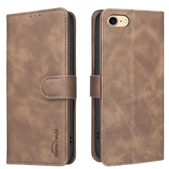For iPhone 6 / 7 / 8 Solid Color Calfskin Texture RFID Vegan Leather Phone Case(Brown)