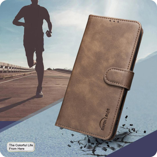 For iPhone 6 / 7 / 8 Solid Color Calfskin Texture RFID Vegan Leather Phone Case(Brown)