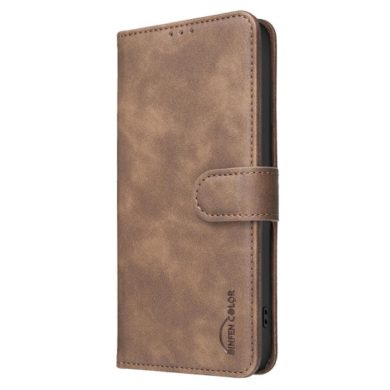 For iPhone 6 / 7 / 8 Solid Color Calfskin Texture RFID Vegan Leather Phone Case(Brown)