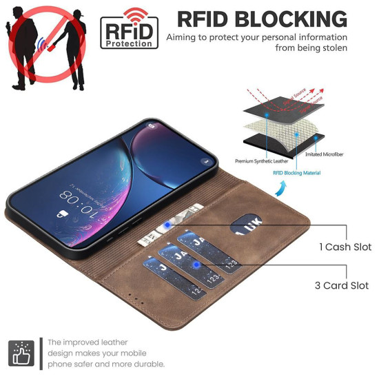 For iPhone 6 / 7 / 8 Solid Color Calfskin Texture RFID Vegan Leather Phone Case(Brown)