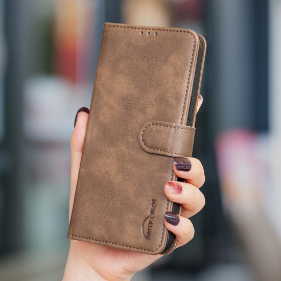 For iPhone 6 / 7 / 8 Solid Color Calfskin Texture RFID Vegan Leather Phone Case(Brown)