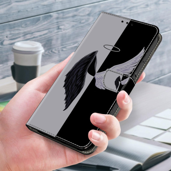 For iPhone 6 / 7 Crystal-Like Painted Vegan Leather Phone Case(Black White Wings)