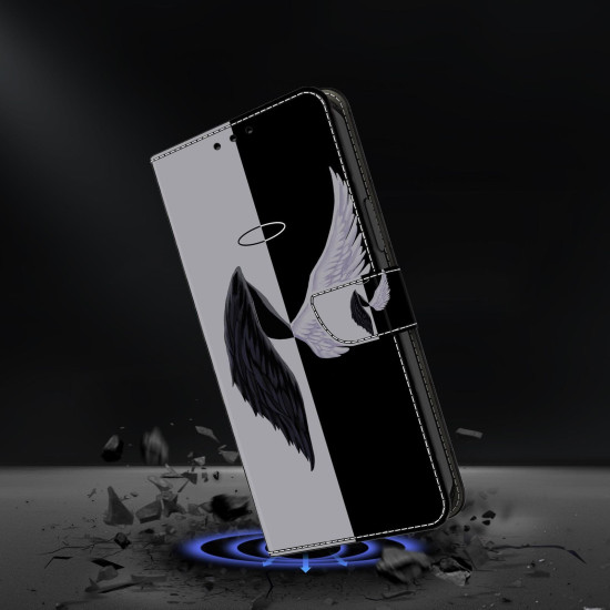 For iPhone 6 / 7 Crystal-Like Painted Vegan Leather Phone Case(Black White Wings)