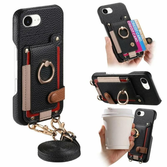 For iPhone 6 / 7 / 8 Litchi Texture Card Bag Ring Holder Vegan Leather + PC Phone Case with Shoulder Strap(Black)