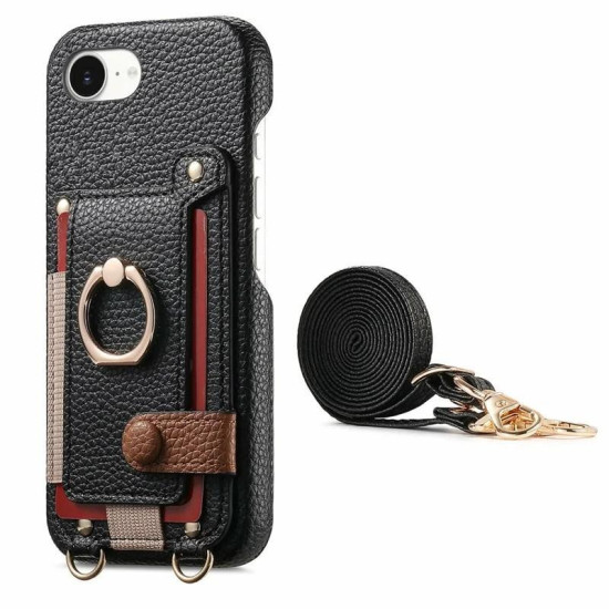 For iPhone 6 / 7 / 8 Litchi Texture Card Bag Ring Holder Vegan Leather + PC Phone Case with Shoulder Strap(Black)