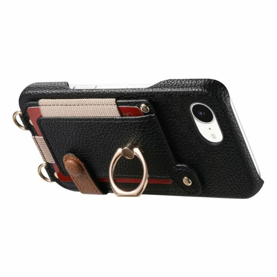 For iPhone 6 / 7 / 8 Litchi Texture Card Bag Ring Holder Vegan Leather + PC Phone Case with Shoulder Strap(Black)