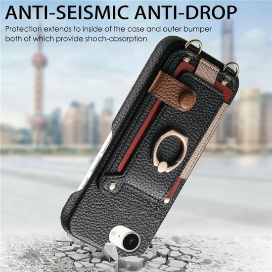 For iPhone 6 / 7 / 8 Litchi Texture Card Bag Ring Holder Vegan Leather + PC Phone Case with Shoulder Strap(Black)