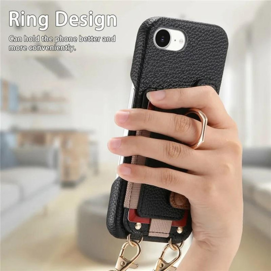 For iPhone 6 / 7 / 8 Litchi Texture Card Bag Ring Holder Vegan Leather + PC Phone Case with Shoulder Strap(Black)