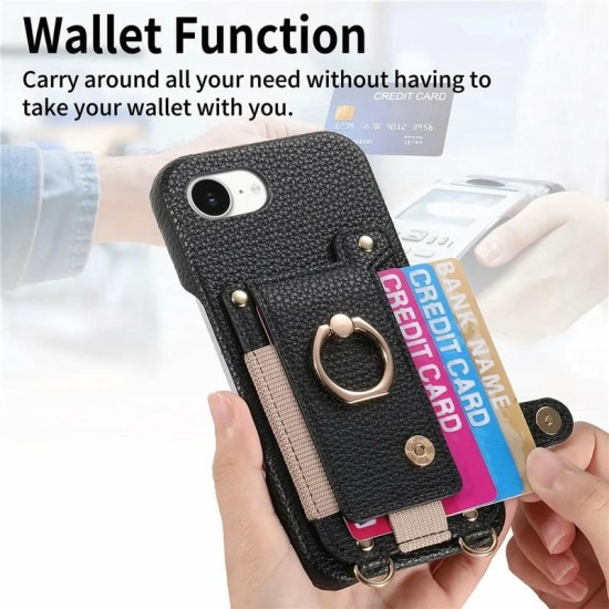 For iPhone 6 / 7 / 8 Litchi Texture Card Bag Ring Holder Vegan Leather + PC Phone Case with Shoulder Strap(Black)