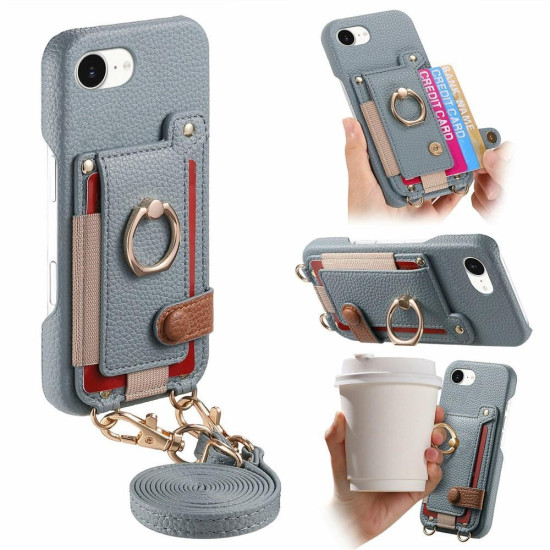 For iPhone 6 / 7 / 8 Litchi Texture Card Bag Ring Holder Vegan Leather + PC Phone Case with Shoulder Strap(Blue)