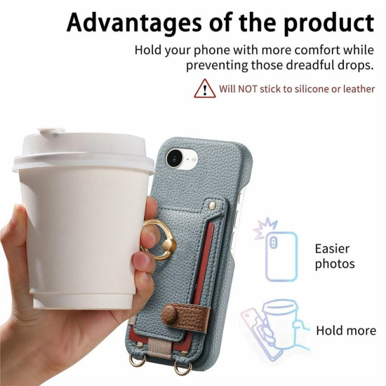 For iPhone 6 / 7 / 8 Litchi Texture Card Bag Ring Holder Vegan Leather + PC Phone Case with Shoulder Strap(Blue)