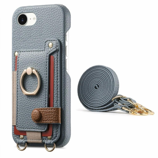 For iPhone 6 / 7 / 8 Litchi Texture Card Bag Ring Holder Vegan Leather + PC Phone Case with Shoulder Strap(Blue)