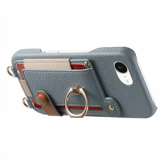 For iPhone 6 / 7 / 8 Litchi Texture Card Bag Ring Holder Vegan Leather + PC Phone Case with Shoulder Strap(Blue)
