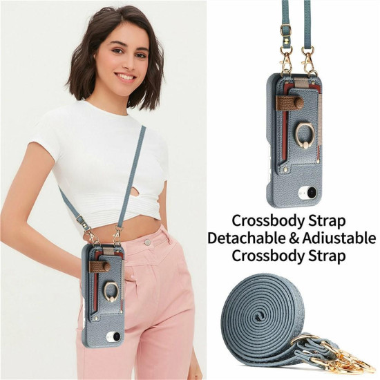 For iPhone 6 / 7 / 8 Litchi Texture Card Bag Ring Holder Vegan Leather + PC Phone Case with Shoulder Strap(Blue)