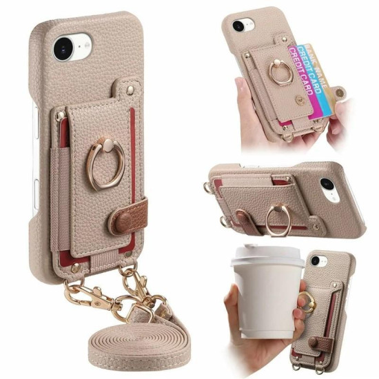 For iPhone 6 / 7 / 8 Litchi Texture Card Bag Ring Holder Vegan Leather + PC Phone Case with Shoulder Strap(Khaki)