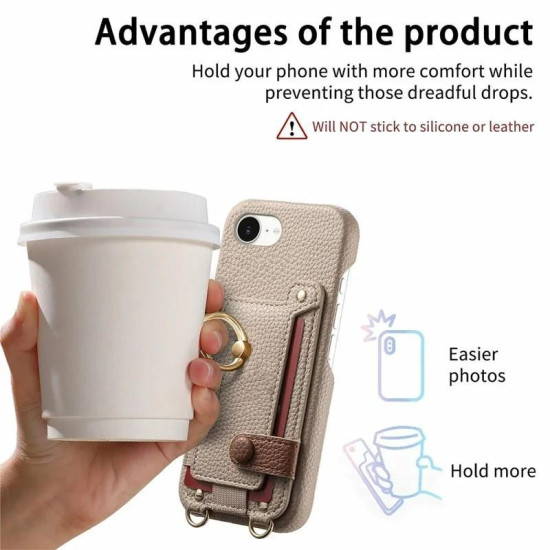 For iPhone 6 / 7 / 8 Litchi Texture Card Bag Ring Holder Vegan Leather + PC Phone Case with Shoulder Strap(Khaki)