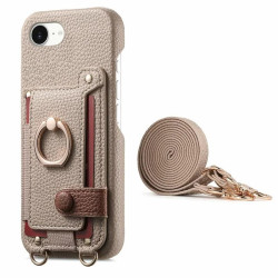 For iPhone 6 / 7 / 8 Litchi Texture Card Bag Ring Holder Vegan Leather + PC Phone Case with Shoulder Strap(Khaki)