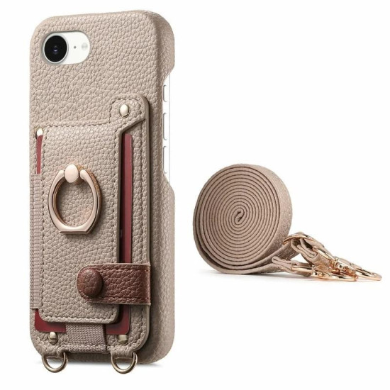 For iPhone 6 / 7 / 8 Litchi Texture Card Bag Ring Holder Vegan Leather + PC Phone Case with Shoulder Strap(Khaki)