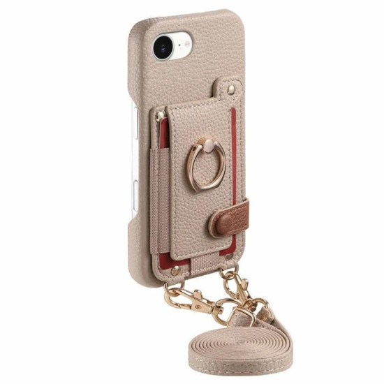 For iPhone 6 / 7 / 8 Litchi Texture Card Bag Ring Holder Vegan Leather + PC Phone Case with Shoulder Strap(Khaki)