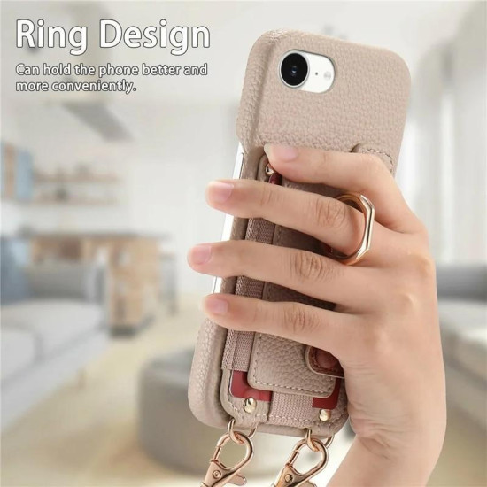 For iPhone 6 / 7 / 8 Litchi Texture Card Bag Ring Holder Vegan Leather + PC Phone Case with Shoulder Strap(Khaki)