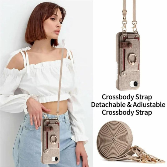 For iPhone 6 / 7 / 8 Litchi Texture Card Bag Ring Holder Vegan Leather + PC Phone Case with Shoulder Strap(Khaki)