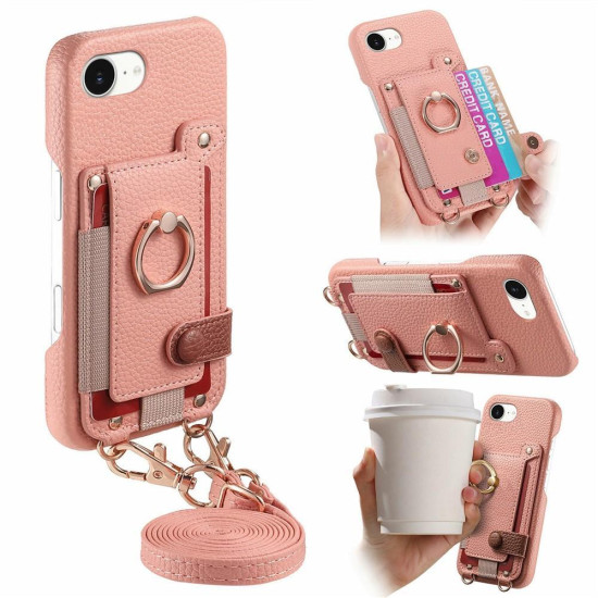 For iPhone 6 / 7 / 8 Litchi Texture Card Bag Ring Holder Vegan Leather + PC Phone Case with Shoulder Strap(Pink)