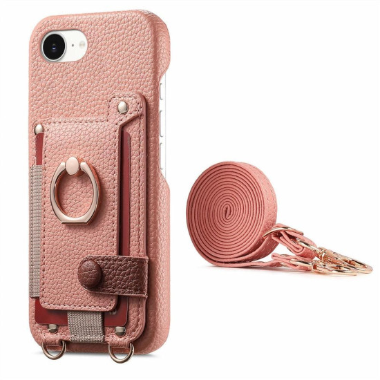 For iPhone 6 / 7 / 8 Litchi Texture Card Bag Ring Holder Vegan Leather + PC Phone Case with Shoulder Strap(Pink)
