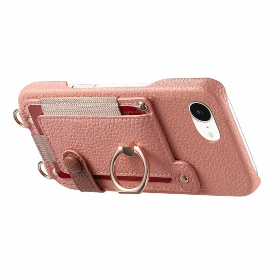 For iPhone 6 / 7 / 8 Litchi Texture Card Bag Ring Holder Vegan Leather + PC Phone Case with Shoulder Strap(Pink)