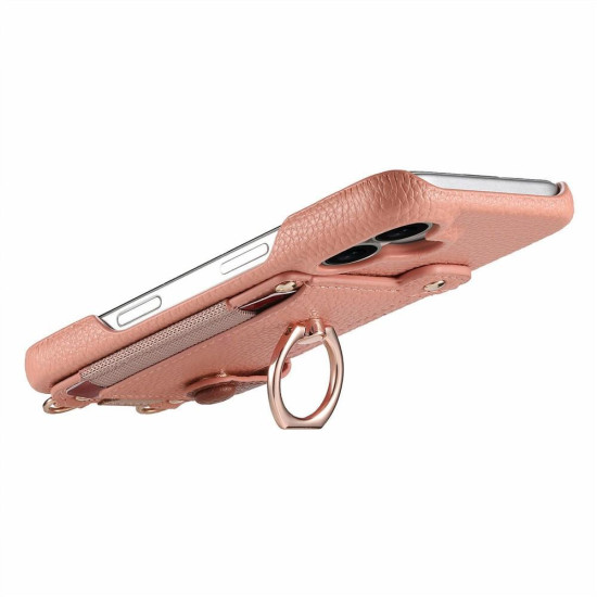For iPhone 6 / 7 / 8 Litchi Texture Card Bag Ring Holder Vegan Leather + PC Phone Case with Shoulder Strap(Pink)