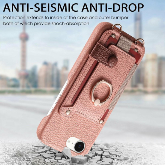 For iPhone 6 / 7 / 8 Litchi Texture Card Bag Ring Holder Vegan Leather + PC Phone Case with Shoulder Strap(Pink)