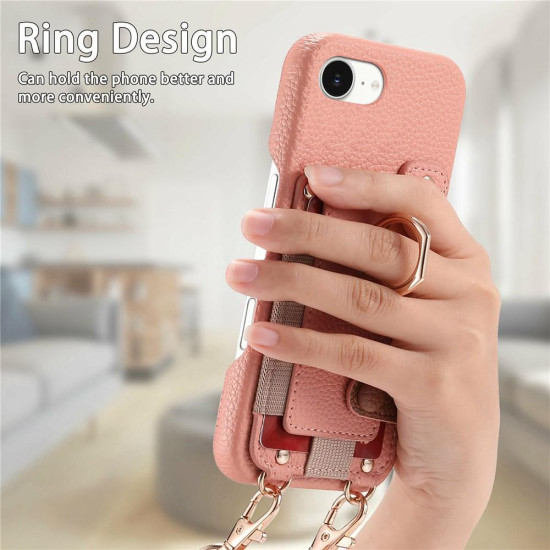For iPhone 6 / 7 / 8 Litchi Texture Card Bag Ring Holder Vegan Leather + PC Phone Case with Shoulder Strap(Pink)