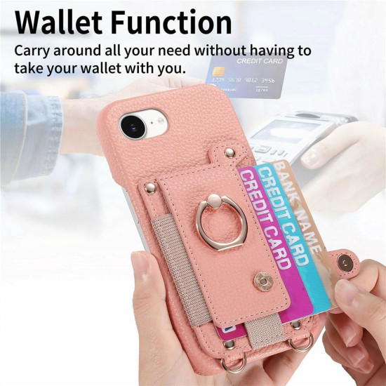 For iPhone 6 / 7 / 8 Litchi Texture Card Bag Ring Holder Vegan Leather + PC Phone Case with Shoulder Strap(Pink)