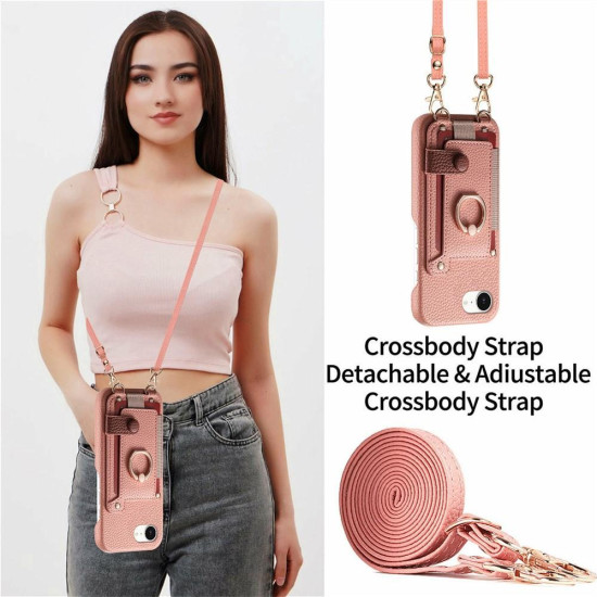 For iPhone 6 / 7 / 8 Litchi Texture Card Bag Ring Holder Vegan Leather + PC Phone Case with Shoulder Strap(Pink)