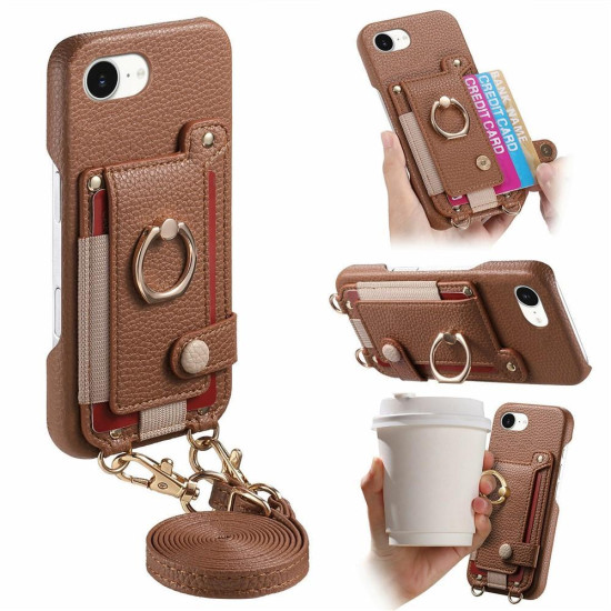 For iPhone 6 / 7 / 8 Litchi Texture Card Bag Ring Holder Vegan Leather + PC Phone Case with Shoulder Strap(Brown)