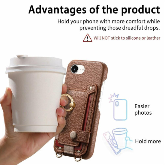 For iPhone 6 / 7 / 8 Litchi Texture Card Bag Ring Holder Vegan Leather + PC Phone Case with Shoulder Strap(Brown)
